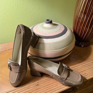 Clarks Taupe Patent Leather Low Block Heel Loafers